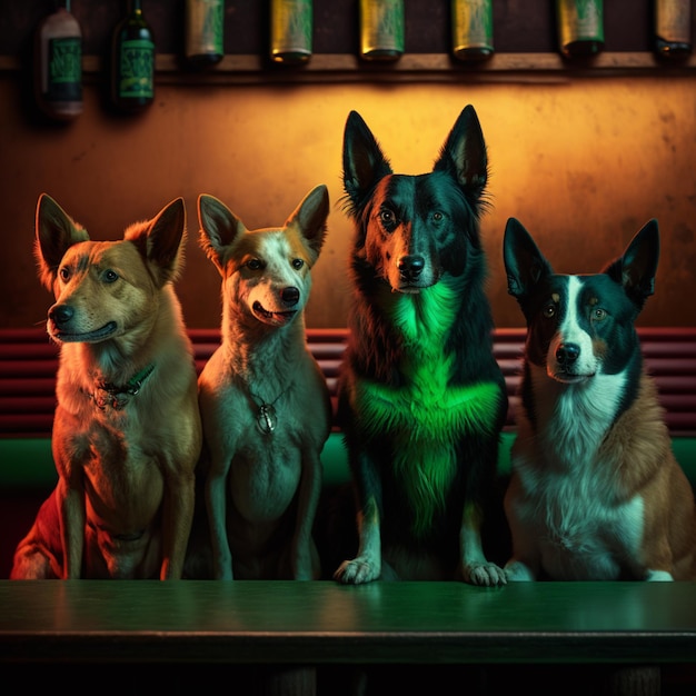 trois chiens assis sur un banc dans un restaurant avec une IA générative de feu vert