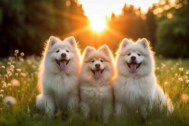 Trois chiens assis dans l'herbe avec le soleil derrière eux