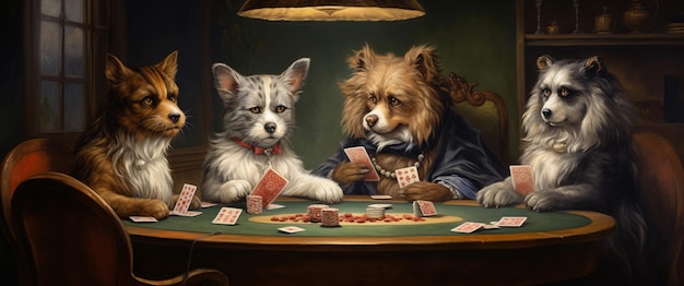 Photo trois chiens et un chat jouant aux cartes à une table générative ai