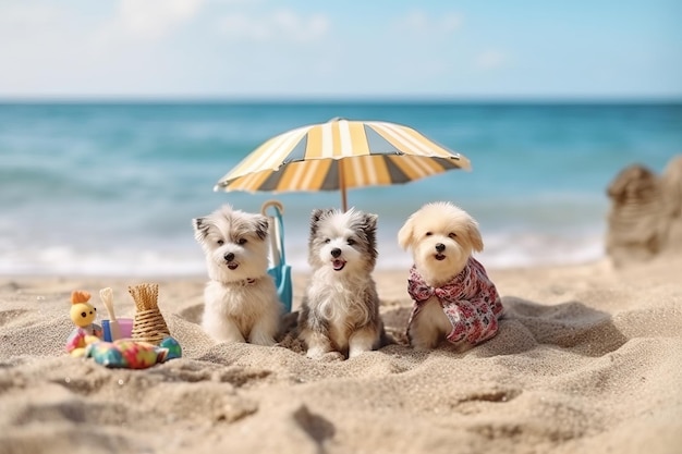 Trois chiens sur la plage avec un parasol