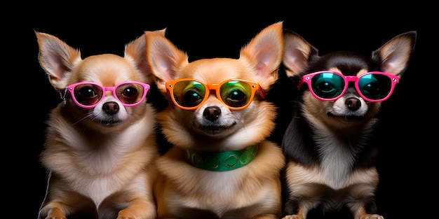 Trois chiens portant des lunettes de soleil colorées sur un fond noir