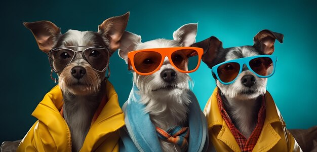 Photo trois chiens portant des lunettes de soleil