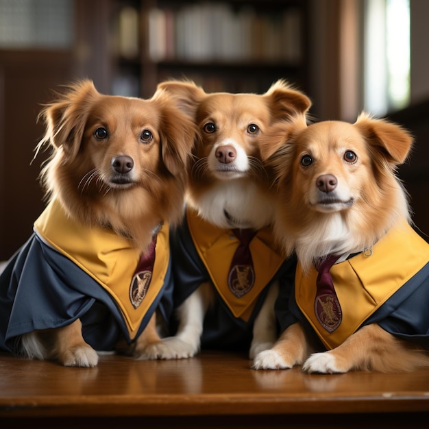 Trois chiens portant des robes de Poudlard