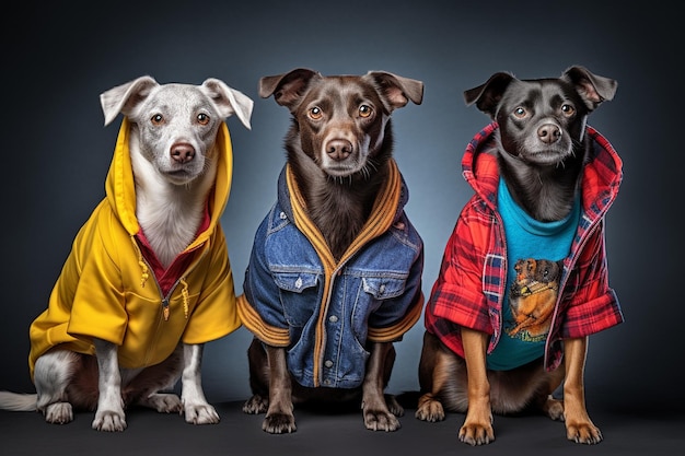 trois chiens portant des vestes avec le mot " le " sur eux "