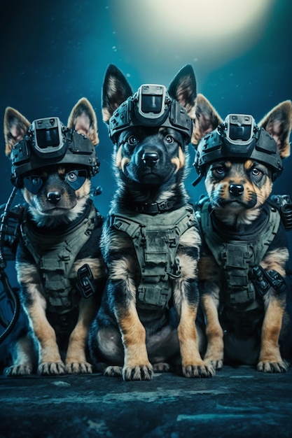 Trois chiens portent des uniformes militaires et des casques debout devant une pleine lune ai générative