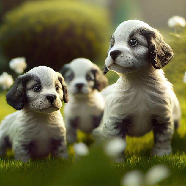Trois chiens sont debout dans un champ de fleurs.