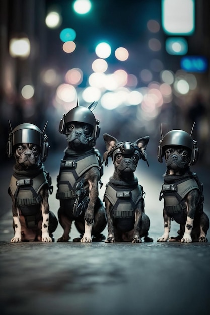 Trois chiens sont vêtus d'uniformes militaires et de casques générative ai