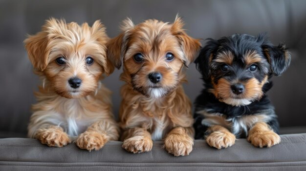 Trois chiots assis sur le canapé