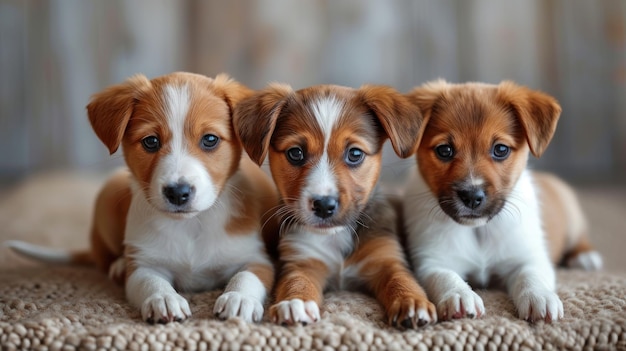 Trois chiots assis sur une couverture