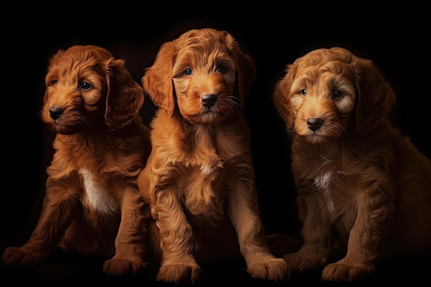 Trois chiots dorés assis dans des tons de rouge clair et d'or AI générative