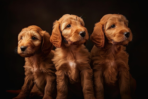 Trois chiots dorés assis dans des tons de rouge clair et d'or AI générative