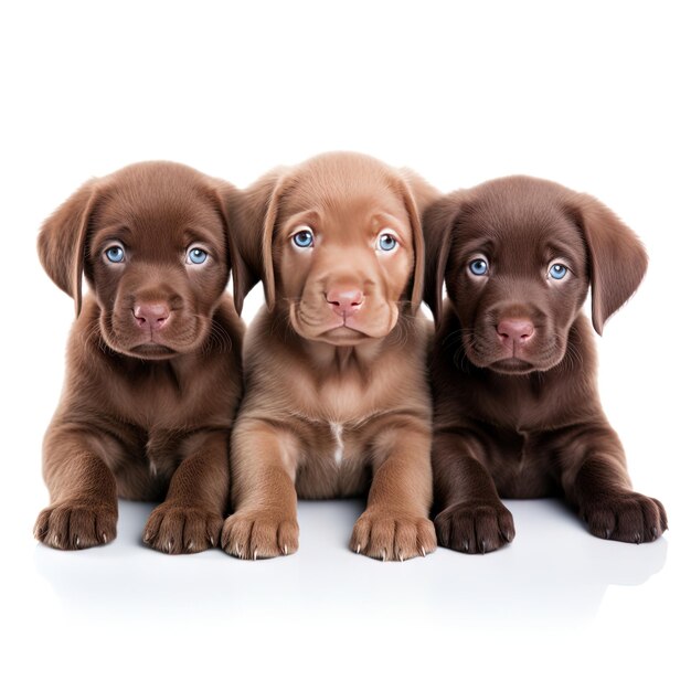 trois chiots avec des yeux bleus et un fond blanc