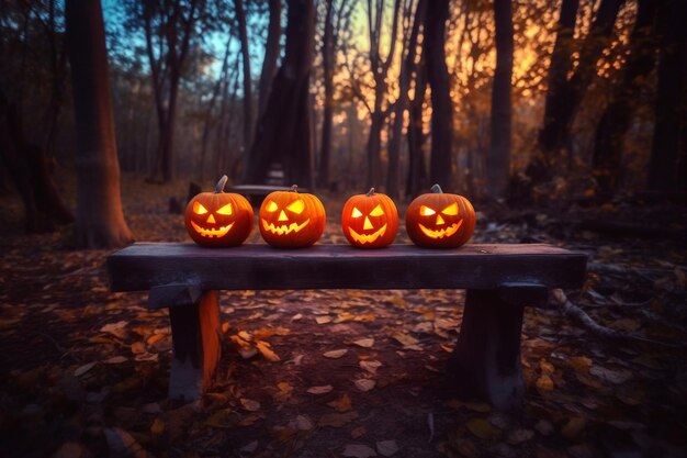 Trois citrouilles sur un banc dans une forêt avec le mot halloween sur le devant.
