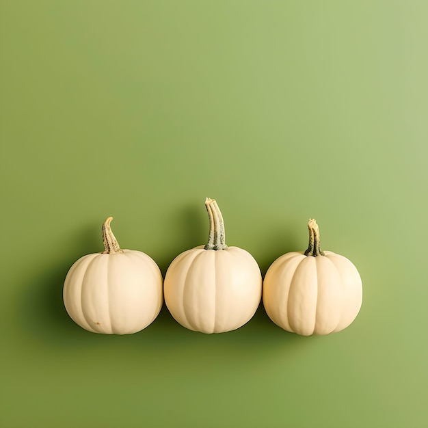 Trois citrouilles blanches avec un bord doré et un fond bleu.