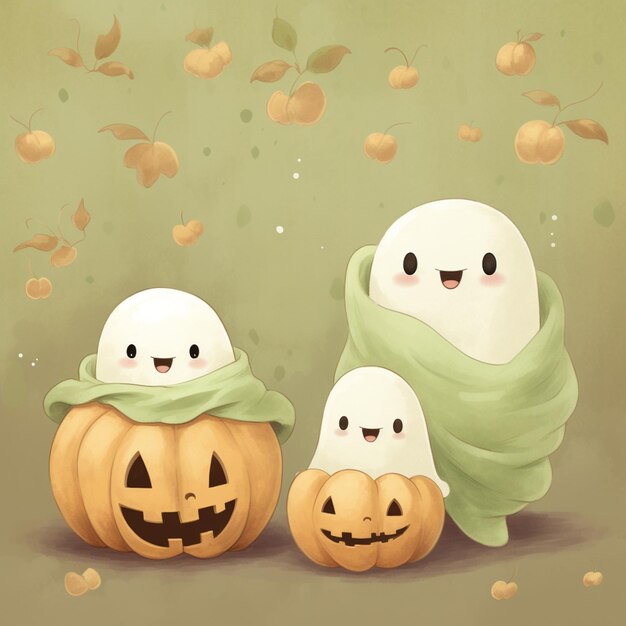 Trois citrouilles d'Halloween avec des têtes et des visages de fantômes sont assises sur une table.