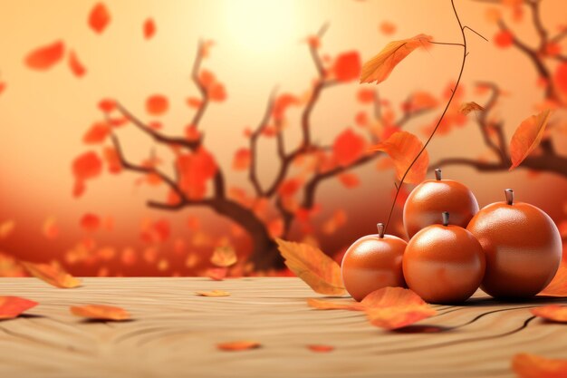 trois citrouilles sur une table en bois avec des feuilles d'automne en arrière-plan