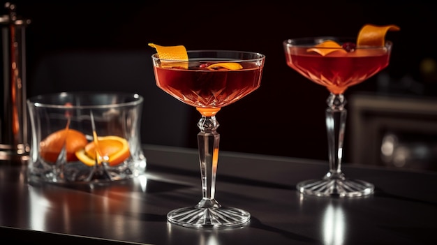 Trois cocktails sur un bar dont un fait avec un cocktail rouge.