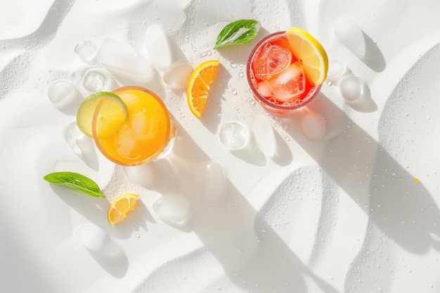 trois cocktails de différentes couleurs avec de la glace et des cubes de glace sur une surface blanche