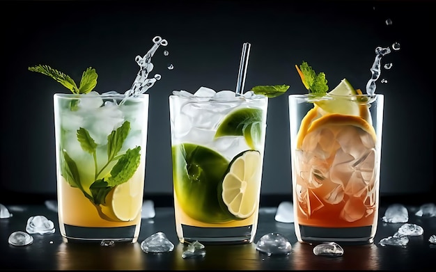 Trois cocktails mojitos différents dans une variété de verres chacun avec sa propre touche unique