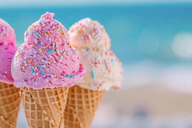 Trois cônes de crème glacée colorés sur un fond de plage flou