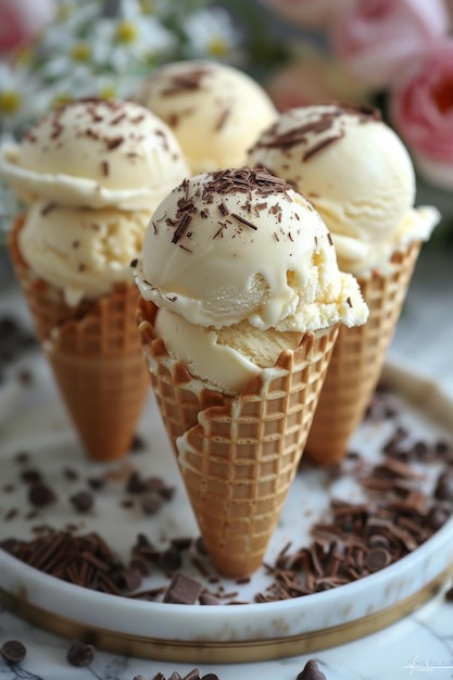 Trois cônes de crème glacée avec de la crème fouettée et des chips de chocolat