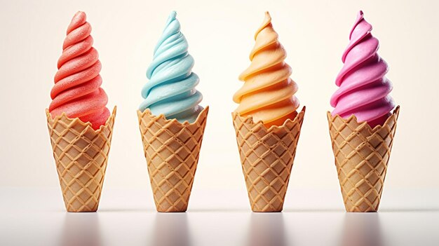 Trois cônes de crème glacée avec différentes couleurs de crème glace générative ai