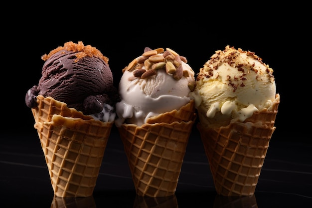 Trois cônes de crème glacée avec des saveurs différentes et l'un a une bouchée prise.