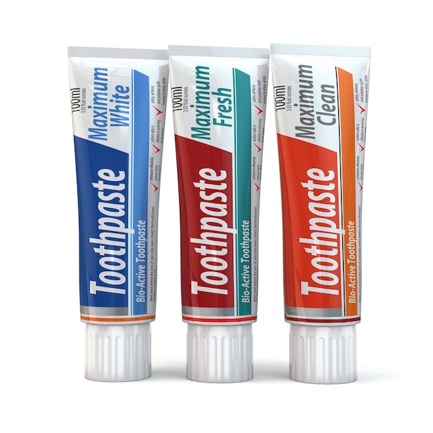 Trois contenants de dentifrice sur fond isolé blanc. 3d