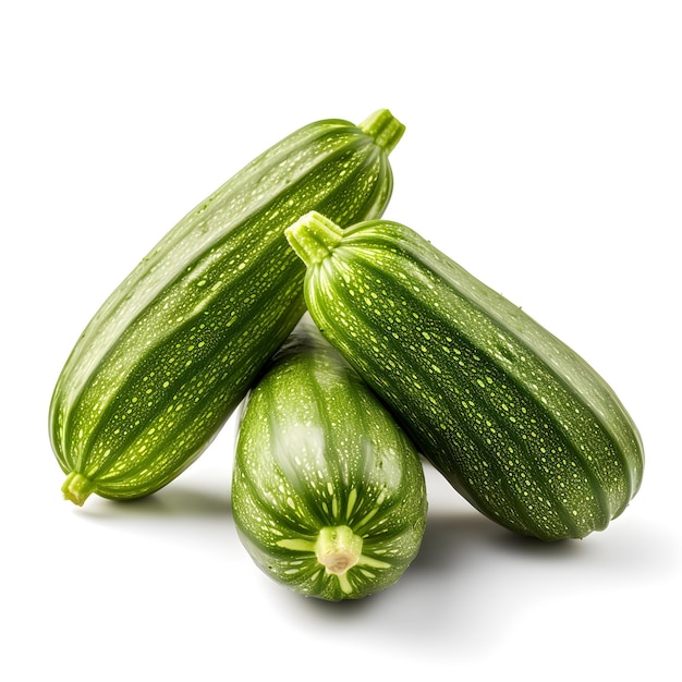 Trois courgettes sont empilées sur un fond blanc.