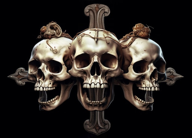 Trois crânes sont montés sur une pièce transversale dans le style d'un rendu hyperdétaillé réaliste.