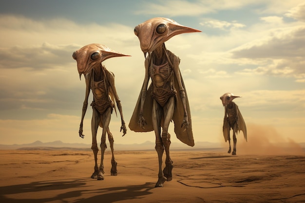 Photo trois créatures extraterrestres marchent dans un désert avec un ciel nuageux en arrière-plan