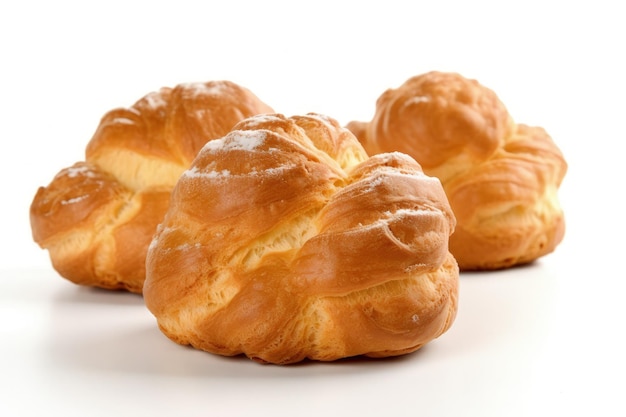 Trois croissants assis côte à côte sur une IA générative de surface blanche