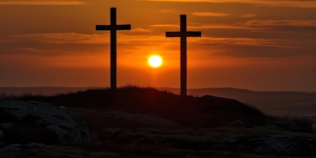 Trois croix au coucher du soleil