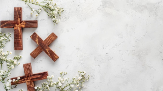 Trois croix en bois et des fleurs sur une surface blanche