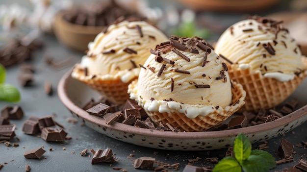 Trois cuillères de crème glacée avec des chips de chocolat