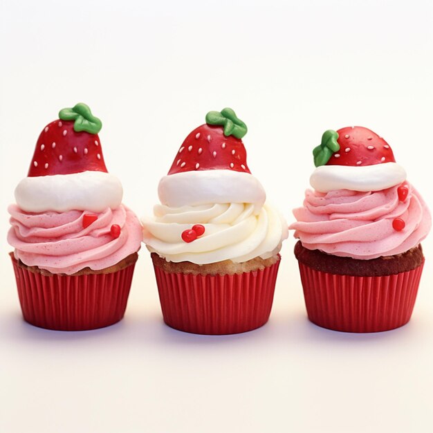 trois cupcakes avec du glaçage et des fraises sur le dessus