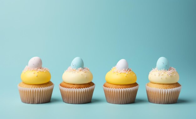 Photo trois cupcakes avec des œufs à l'intérieur