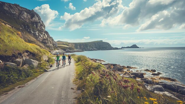 Trois cyclistes chevauchent le long d'une route côtière en profitant de la vue sur la mer par une journée ensoleillée