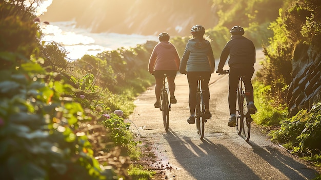 Trois cyclistes sur un sentier côtier au coucher du soleil