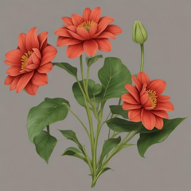 Trois dahlias rouges avec des feuilles vertes isolées sur fond gris