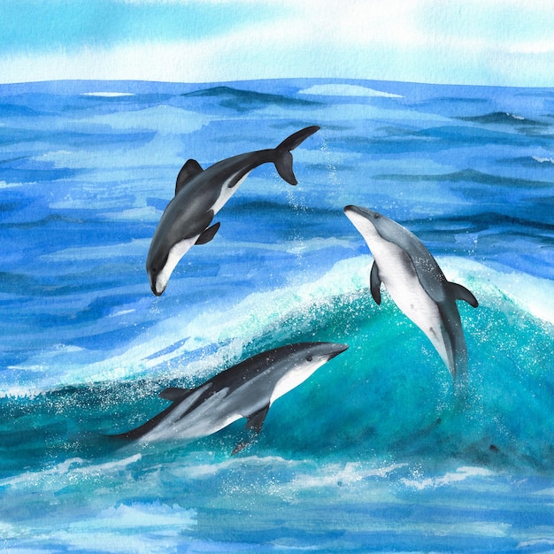 Trois dauphins aquarelles dessinés à la main