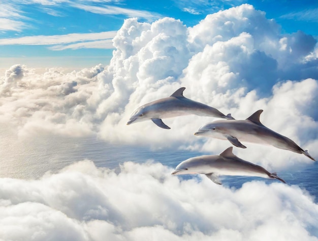 Trois dauphins sautent joyeusement dans le ciel