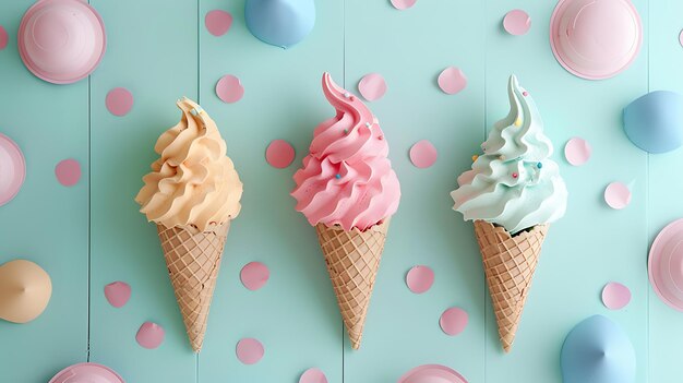 Trois délicieux cônes de crème glacée en face d'un fond bleu La crème glace est surmontée de éclaboussures colorées