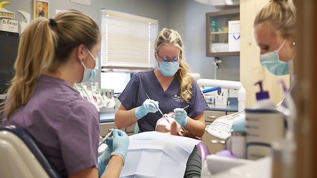 Trois dentistes en masques chirurgicaux et gants travaillent sur les dents d'un patient