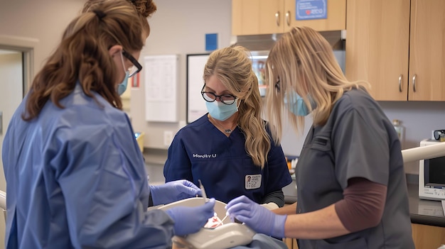 Trois dentistes en uniforme bleu et gris travaillent sur les dents d'un patient. Les dentistes portent des masques et des gants.