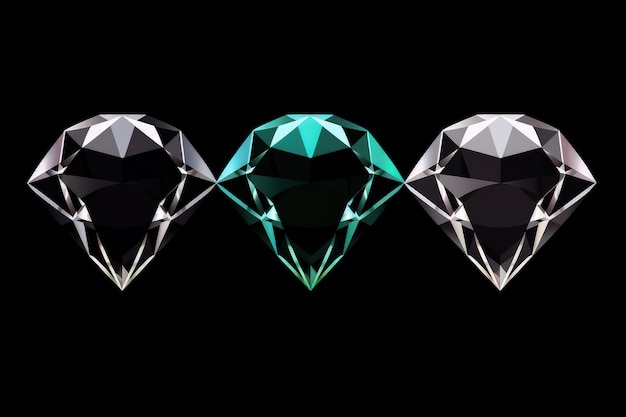 Trois diamants de couleurs différentes sur fond noir AI générative