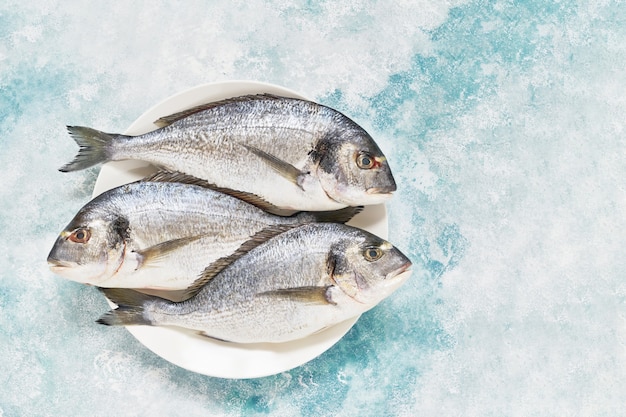 Trois dorada royale fraîche sur fond bleu concept d'alimentation saine vue de dessus copie espace