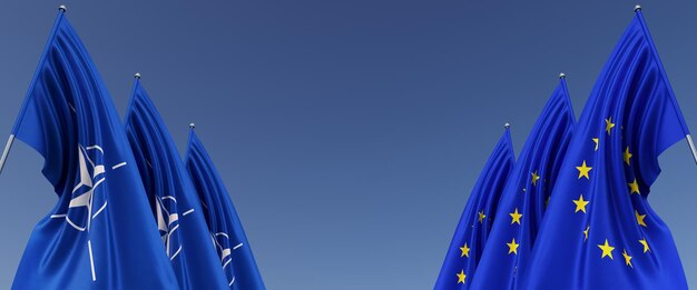 Trois drapeaux de l'UE et de l'OTAN sur des mâts sur les côtés Drapeaux sur fond bleu Place pour le texte Organisation du Traité de l'Atlantique Nord Union européenne Commonwealth Illustration 3D