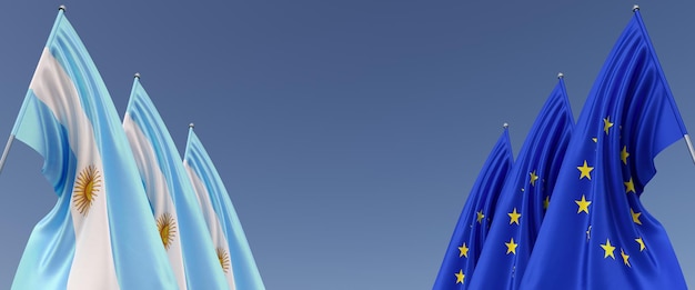 Trois drapeaux de l'Union européenne et de l'Argentine sur des mâts sur les côtés Drapeaux sur fond bleu Place pour le texte UE Europe Buenos Aires Amérique du Sud Illustration 3D du Commonwealth