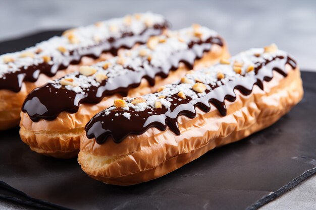 Trois éclaires au chocolat, pâtisserie française